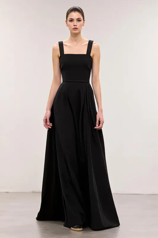 Black Square Neck A Line Long Evening Dress sold by Zapaka