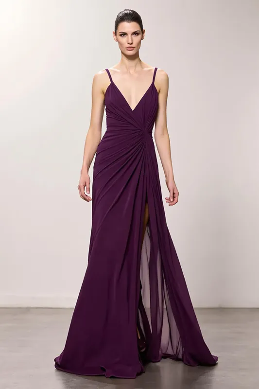 Purple V-Neck Ruched Sheath Long Evening Dress with Slit sold by Zapaka