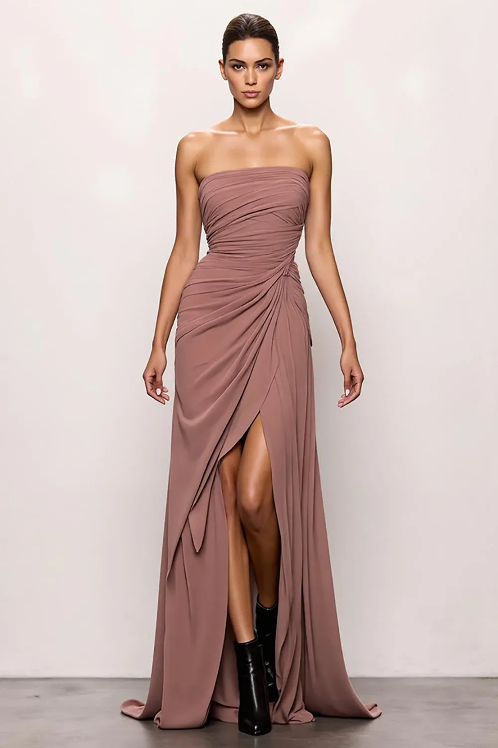 Strapless Blush Backless Ruched Long Evening Dress with Slit sold by Zapaka