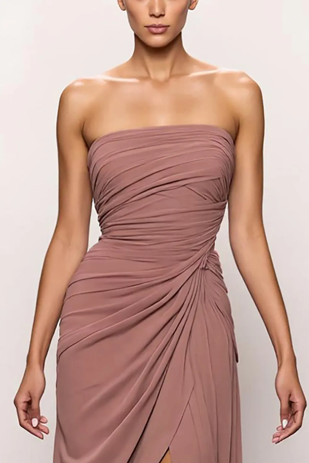 Strapless Blush Backless Ruched Long Evening Dress with Slit sold by Zapaka product image thumbnail 3