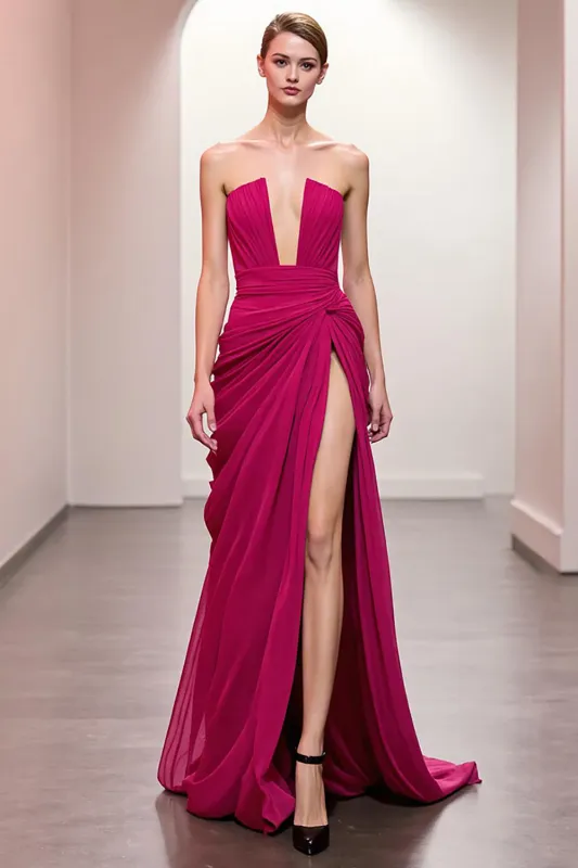 Pink Ruched Strapless Evening Dress with Slit sold by Zapaka