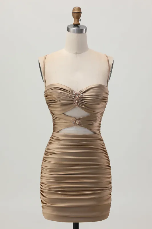 Dark Khaki Ruched Cut-Out Tight Mini Homecoming Dress with Lace Up Back sold by Zapaka