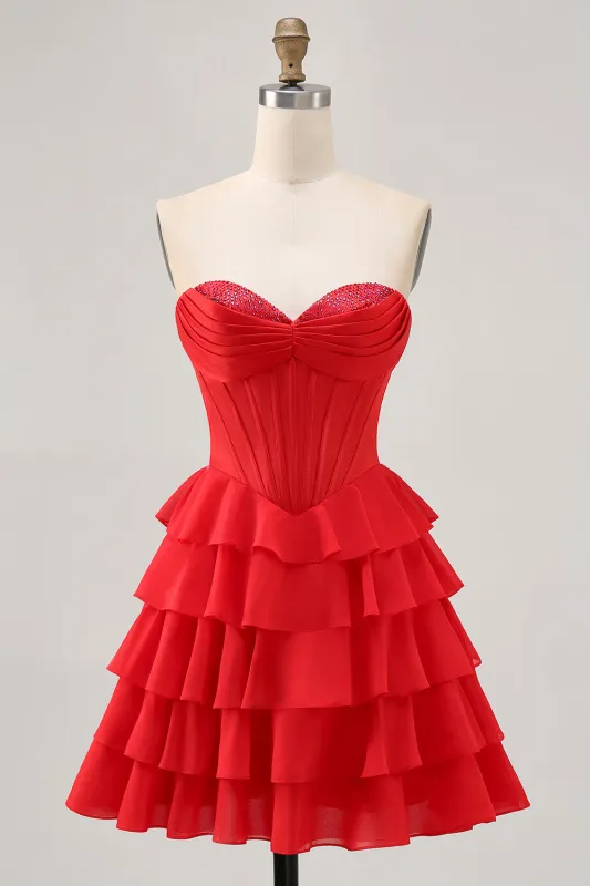 Strapless Red A Line Tiered Corset Short Homecoming Dress sold by Zapaka