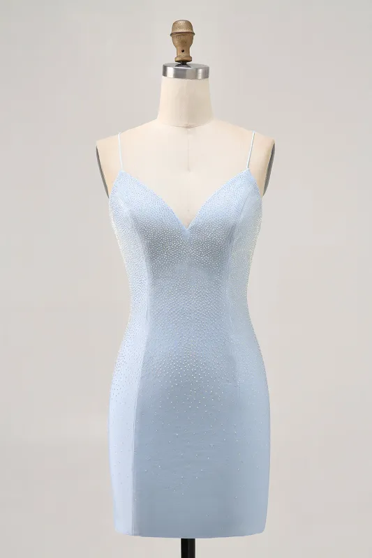 Light Blue Bodycon Spaghetti Straps Beaded Homecoming Dress sold by Zapaka
