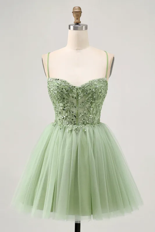 Green A Line Corset Short Homecoming Dress with Appliques sold by Zapaka