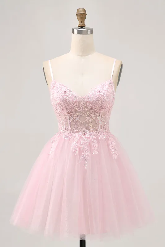 Pink A Line Corset Tulle Short Homecoming Dress with Appliques sold by Zapaka