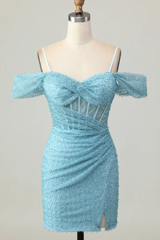 Blue Bodycon Cold Shoulder Corset Short Homecoming Dress with Slit sold by Zapaka