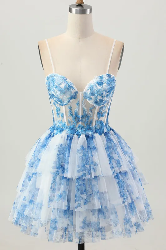 White Blue Flower A Line Corset Tiered Short Homecoming Dress sold by Zapaka