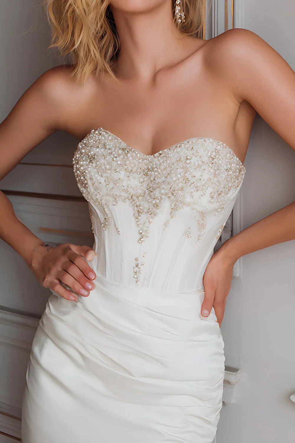 White Bodycon Strapless Corset Short Homecoming Dress with Beading sold by Zapaka product image thumbnail 2