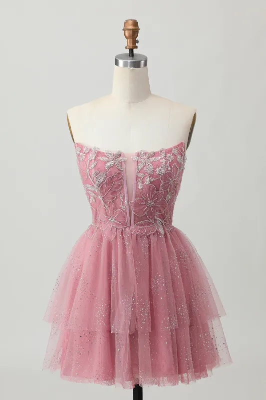 Dusty Rose A-Line Strapless Tiered Tulle Short Homecoming Dress with Beading sold by Zapaka