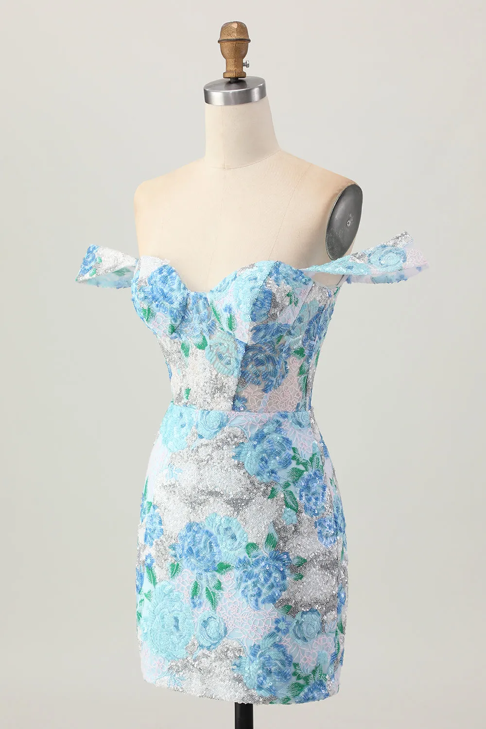 White Blue Flower Bodycon Off the Shoulder Sequins Short Homecoming Dress sold by Zapaka product image thumbnail 3