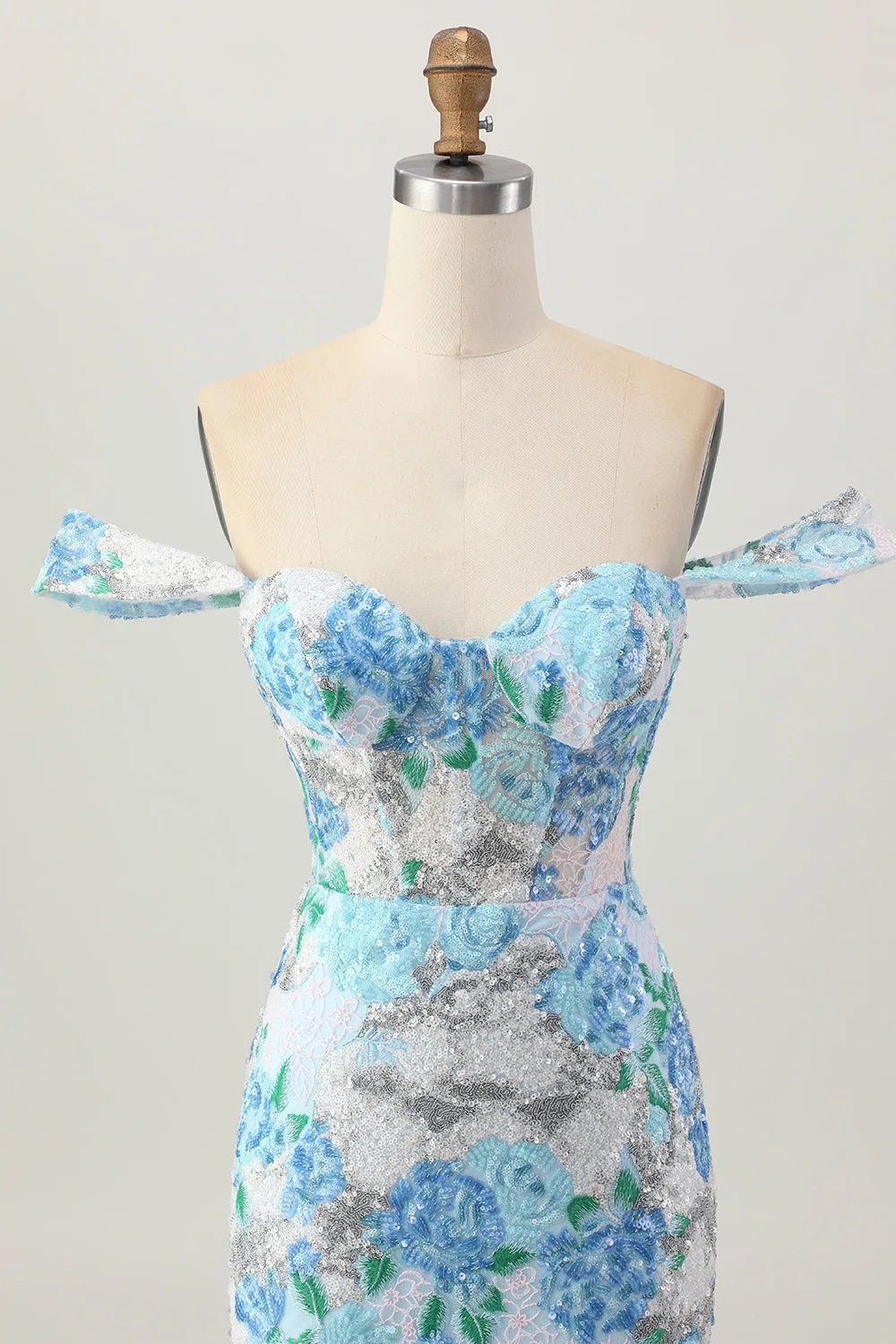 White Blue Flower Bodycon Off the Shoulder Sequins Short Homecoming Dress sold by Zapaka product image thumbnail 4