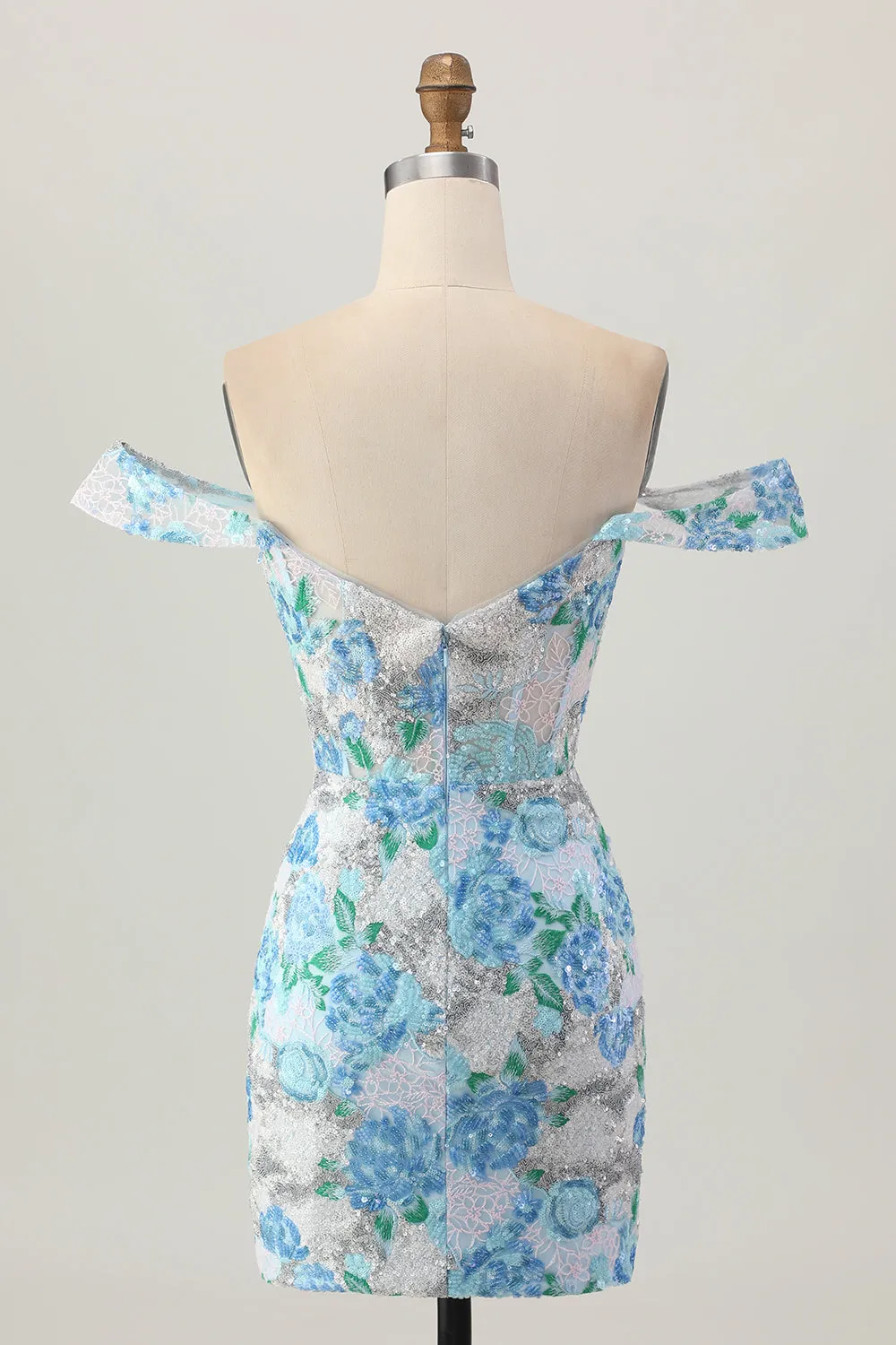 White Blue Flower Bodycon Off the Shoulder Sequins Short Homecoming Dress sold by Zapaka product image thumbnail 2