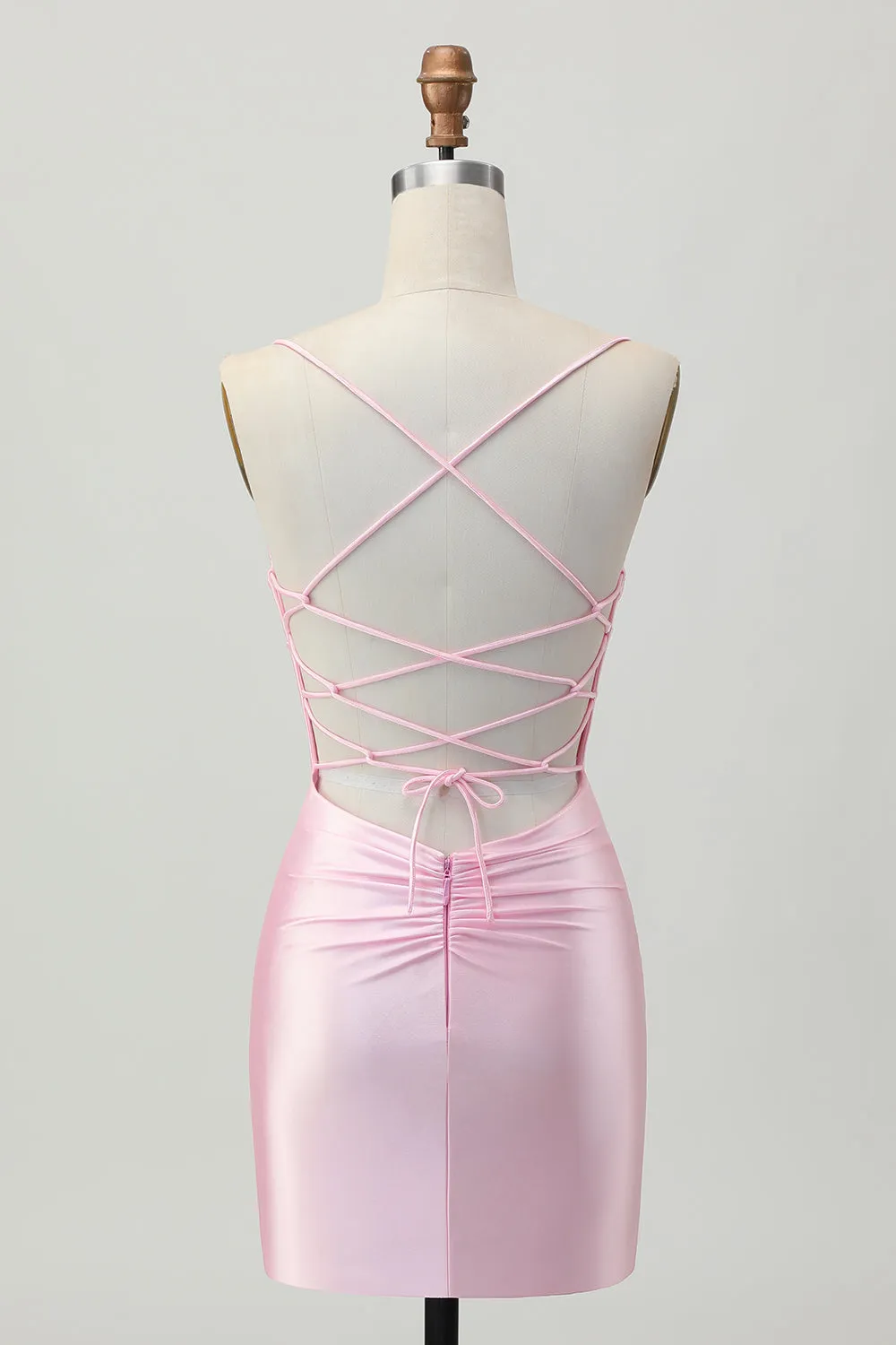 Blush Pink Bodycon Spaghetti Straps Short Homecoming Dress with Lace Up Back sold by Zapaka product image thumbnail 2