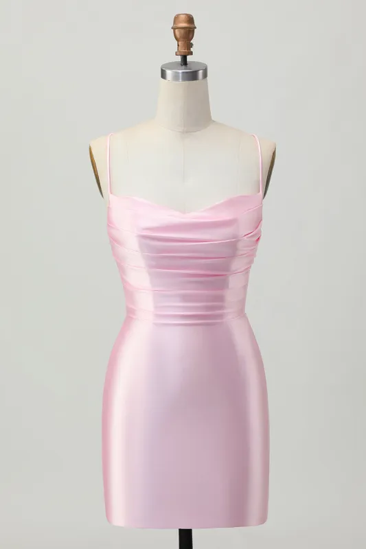Blush Pink Bodycon Spaghetti Straps Short Homecoming Dress with Lace Up Back sold by Zapaka