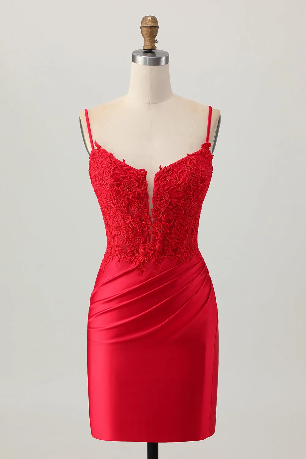 Dark Red Spaghetti Straps Beaded Short Tight Homecoming Dress with Lace Up Back sold by Zapaka