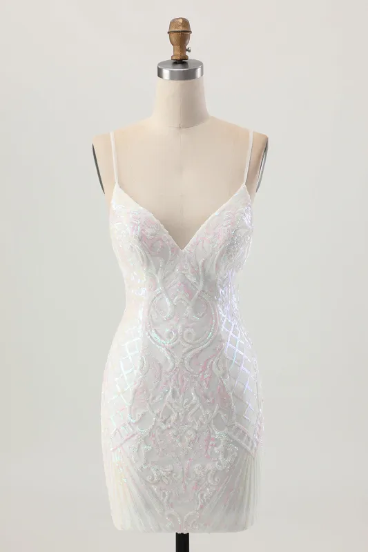 Sparkly White Bodycon Backless Sequin Short Homecoming Dress sold by Zapaka