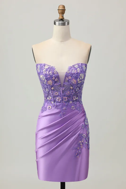 Sparkly Purple Bodycon Strapless Corset Ruched Sequins Short Homecoming Dress sold by Zapaka