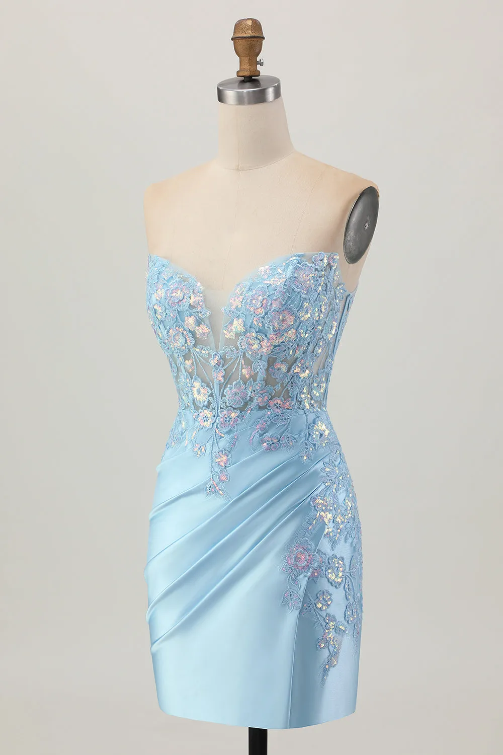 Light Blue Bodycon Strapless Corset Ruched Sequins Short Homecoming Dress sold by Zapaka product image thumbnail 3
