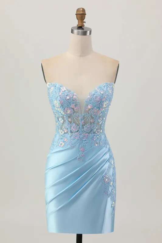 Light Blue Bodycon Strapless Corset Ruched Sequins Short Homecoming Dress sold by Zapaka
