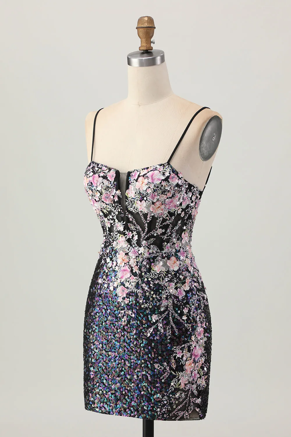 Sparkly Black Pink Flower Bodycon Corset Short Homecoming Dress with Sequins sold by Zapaka product image thumbnail 5