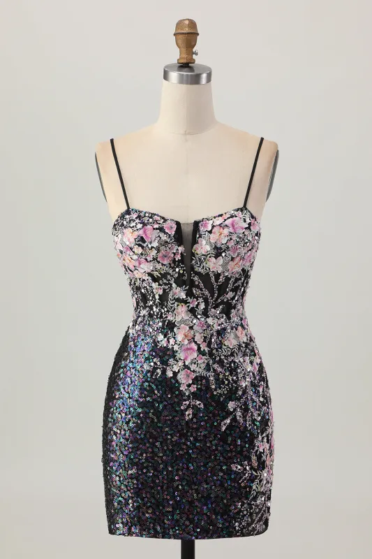 Sparkly Black Pink Flower Bodycon Corset Short Homecoming Dress with Sequins sold by Zapaka