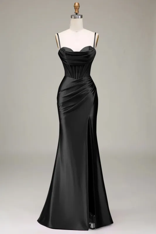 Satin Spaghetti Straps Black Prom Dress with Corset sold by Zapaka