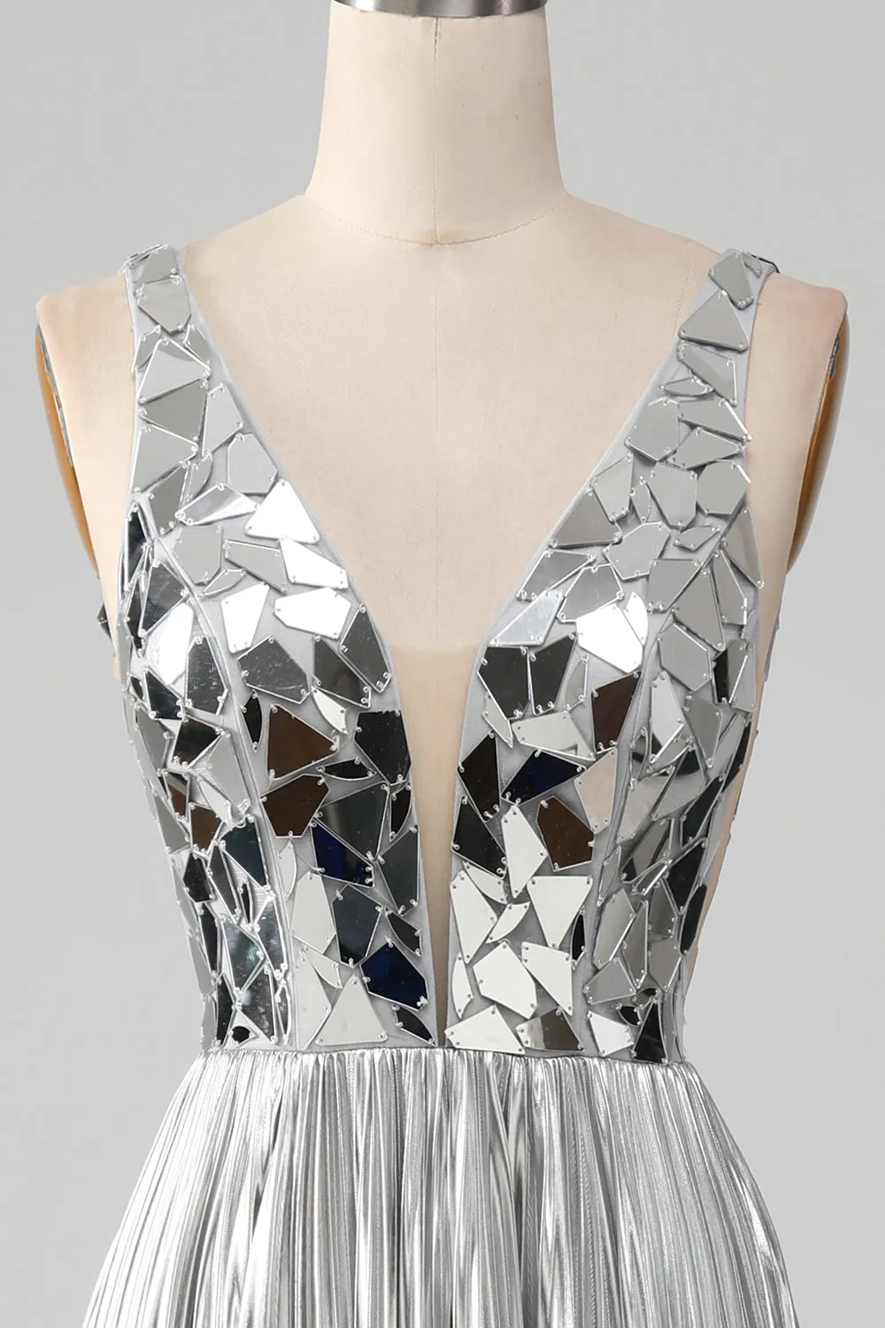 Sparkly A-Line V-Neck Silver Metallic Prom Dress with Slit sold by Zapaka product image thumbnail 4