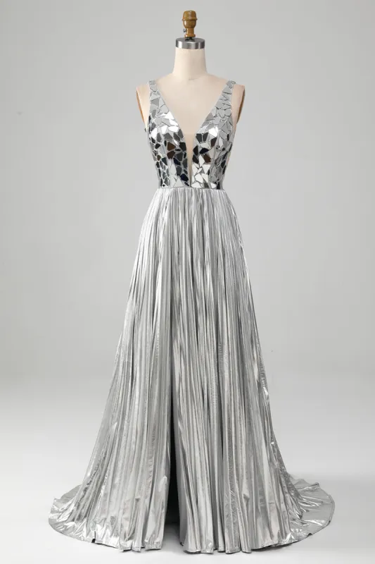 Sparkly A-Line V-Neck Silver Metallic Prom Dress with Slit sold by Zapaka