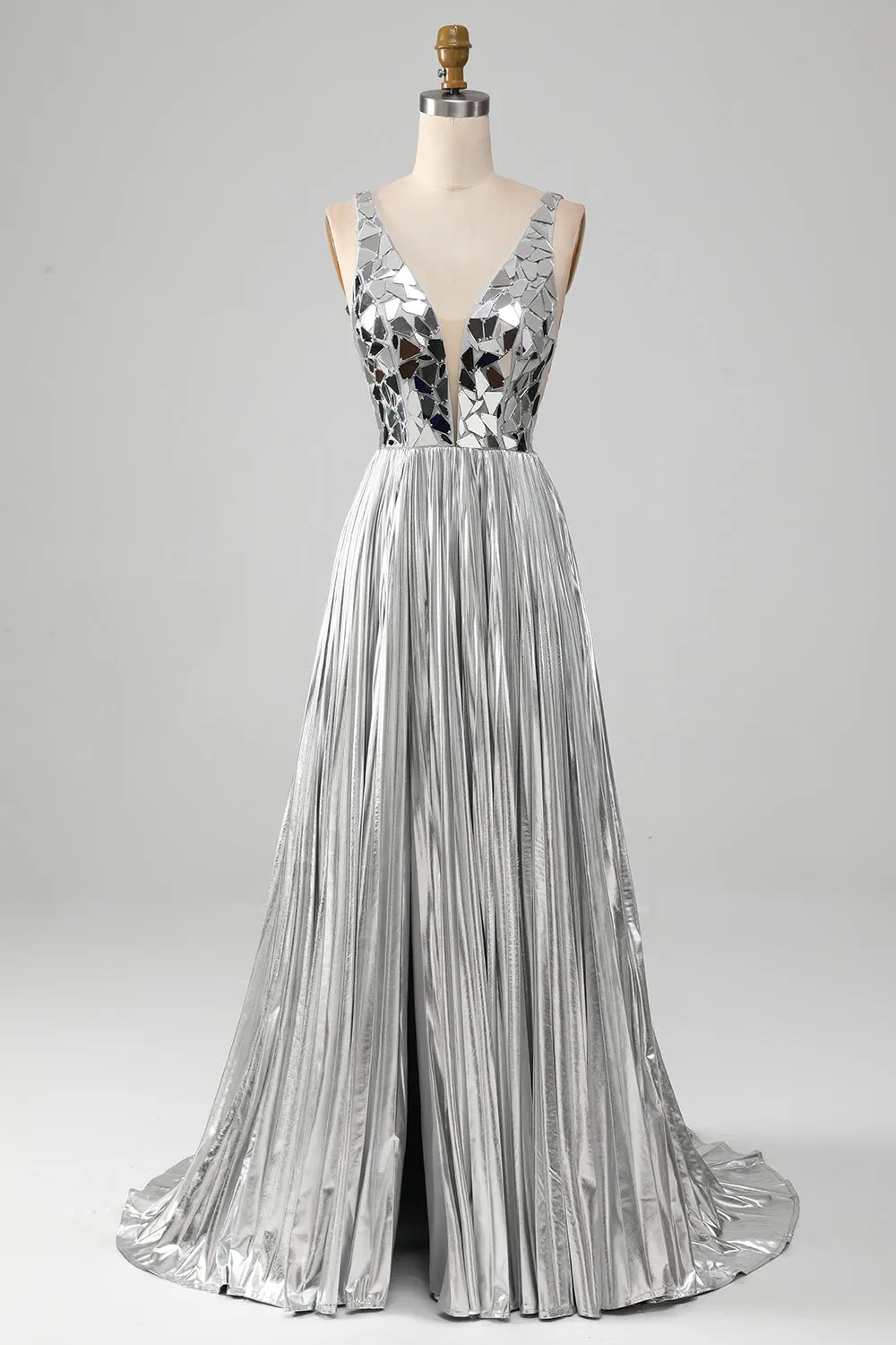 Sparkly A-Line V-Neck Silver Metallic Prom Dress with Slit sold by Zapaka