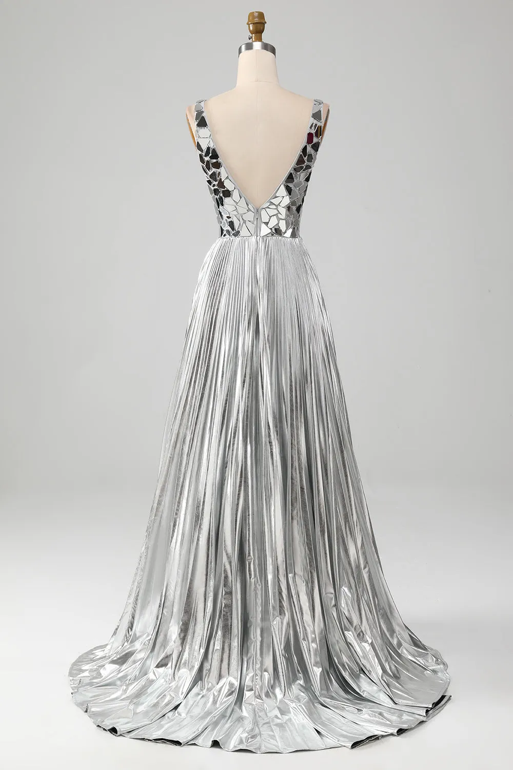 Sparkly A-Line V-Neck Silver Metallic Prom Dress with Slit sold by Zapaka product image thumbnail 2