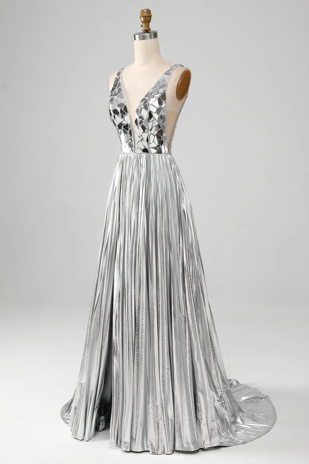 Sparkly A-Line V-Neck Silver Metallic Prom Dress with Slit sold by Zapaka product image thumbnail 3
