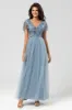Confidently Charismatic A Line V Neck Dusty Blue Long Bridesmaid Dress with Beading sold by Zapaka