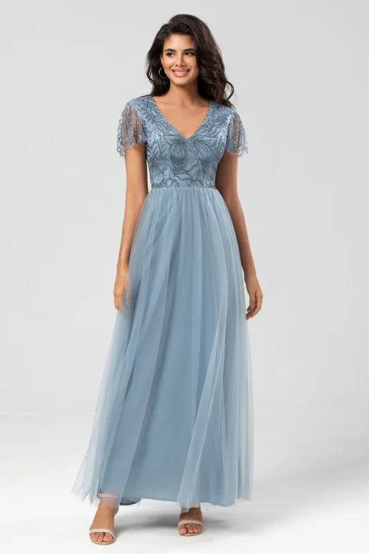 Confidently Charismatic A Line V Neck Dusty Blue Long Bridesmaid Dress with Beading sold by Zapaka