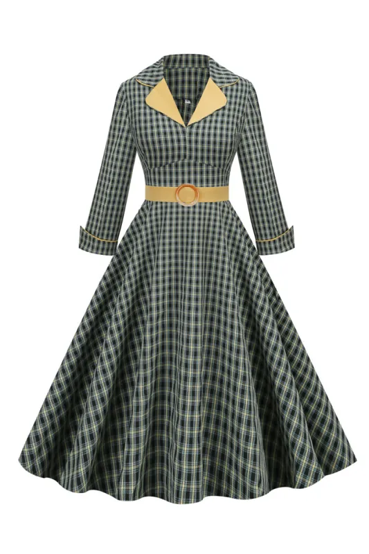 A Line V Neck Green Grid 1950s Dress with 3/4 Sleeves sold by Zapaka