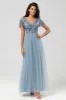 Confidently Charismatic A Line V Neck Dusty Blue Long Bridesmaid Dress with Beading sold by Zapaka