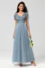 Confidently Charismatic A Line V Neck Dusty Blue Long Bridesmaid Dress with Beading sold by Zapaka
