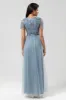 Confidently Charismatic A Line V Neck Dusty Blue Long Bridesmaid Dress with Beading sold by Zapaka