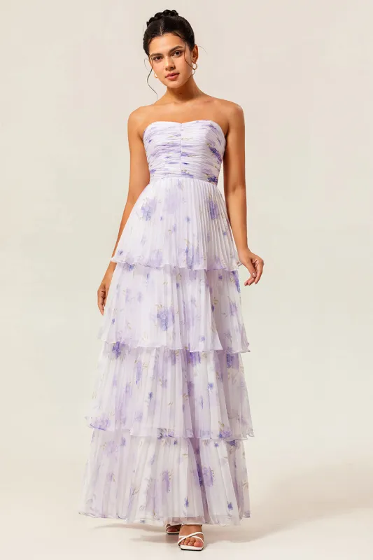 Strapless Lavender Floral A Line Tiered Pleated Bridesmaid Dress sold by Zapaka