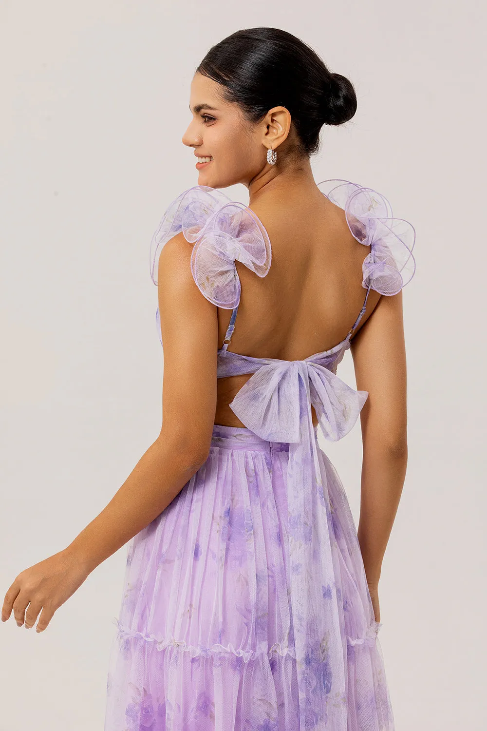 Lavender Floral A Line Pleated Tulle Long Bridesmaid Dress sold by Zapaka product image thumbnail 5