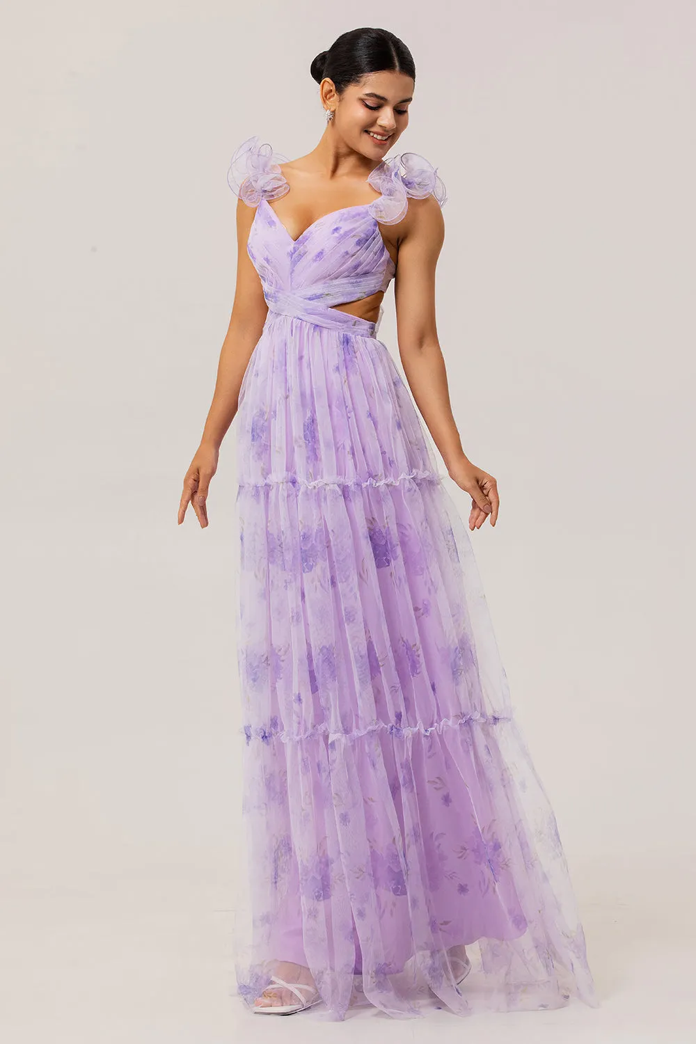 Lavender Floral A Line Pleated Tulle Long Bridesmaid Dress sold by Zapaka product image thumbnail 3