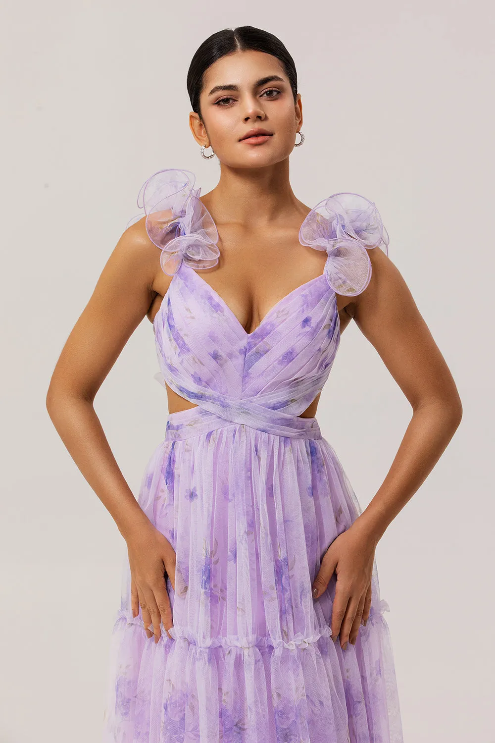 Lavender Floral A Line Pleated Tulle Long Bridesmaid Dress sold by Zapaka product image thumbnail 4