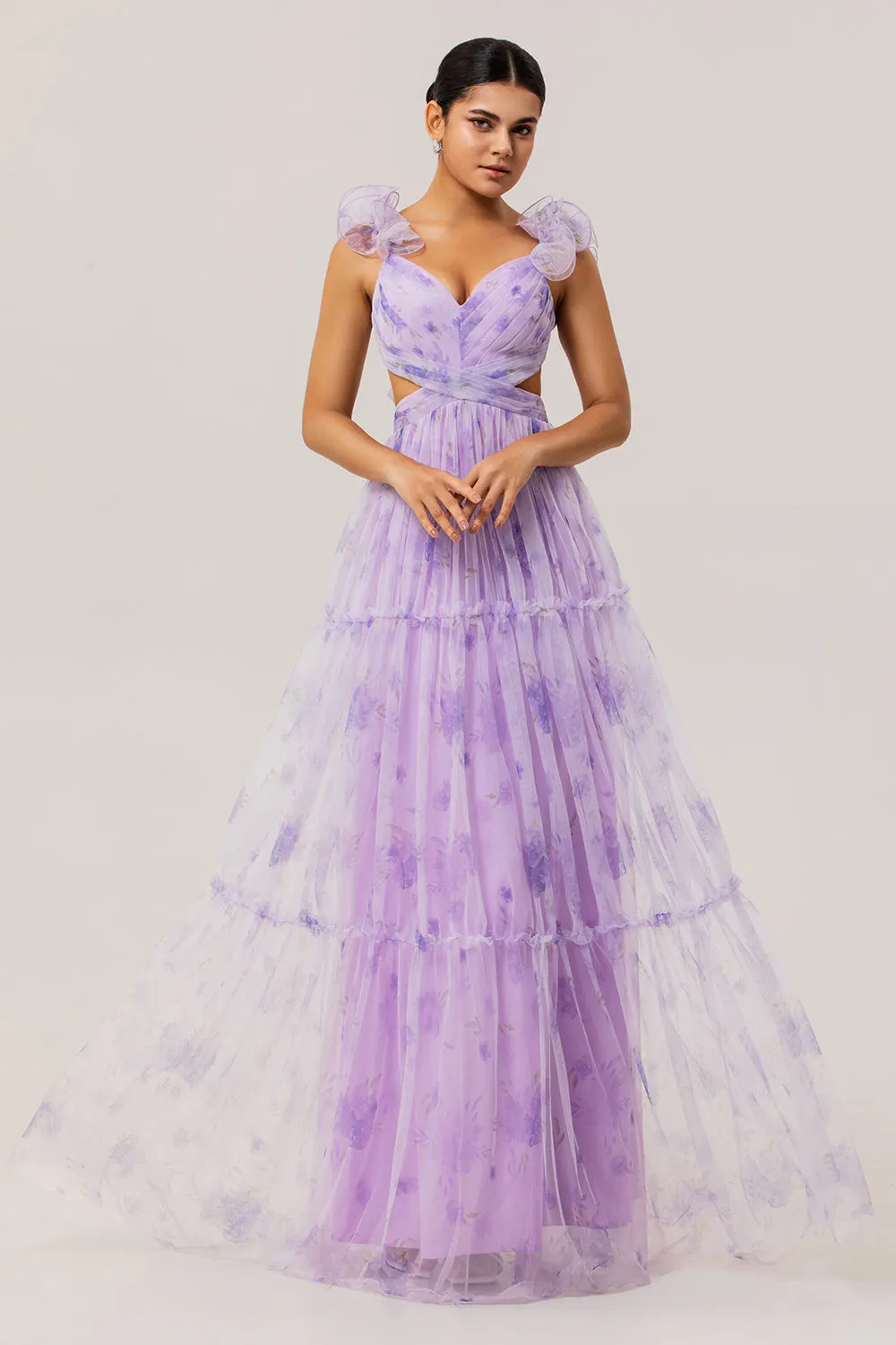 Lavender Floral A Line Pleated Tulle Long Bridesmaid Dress sold by Zapaka