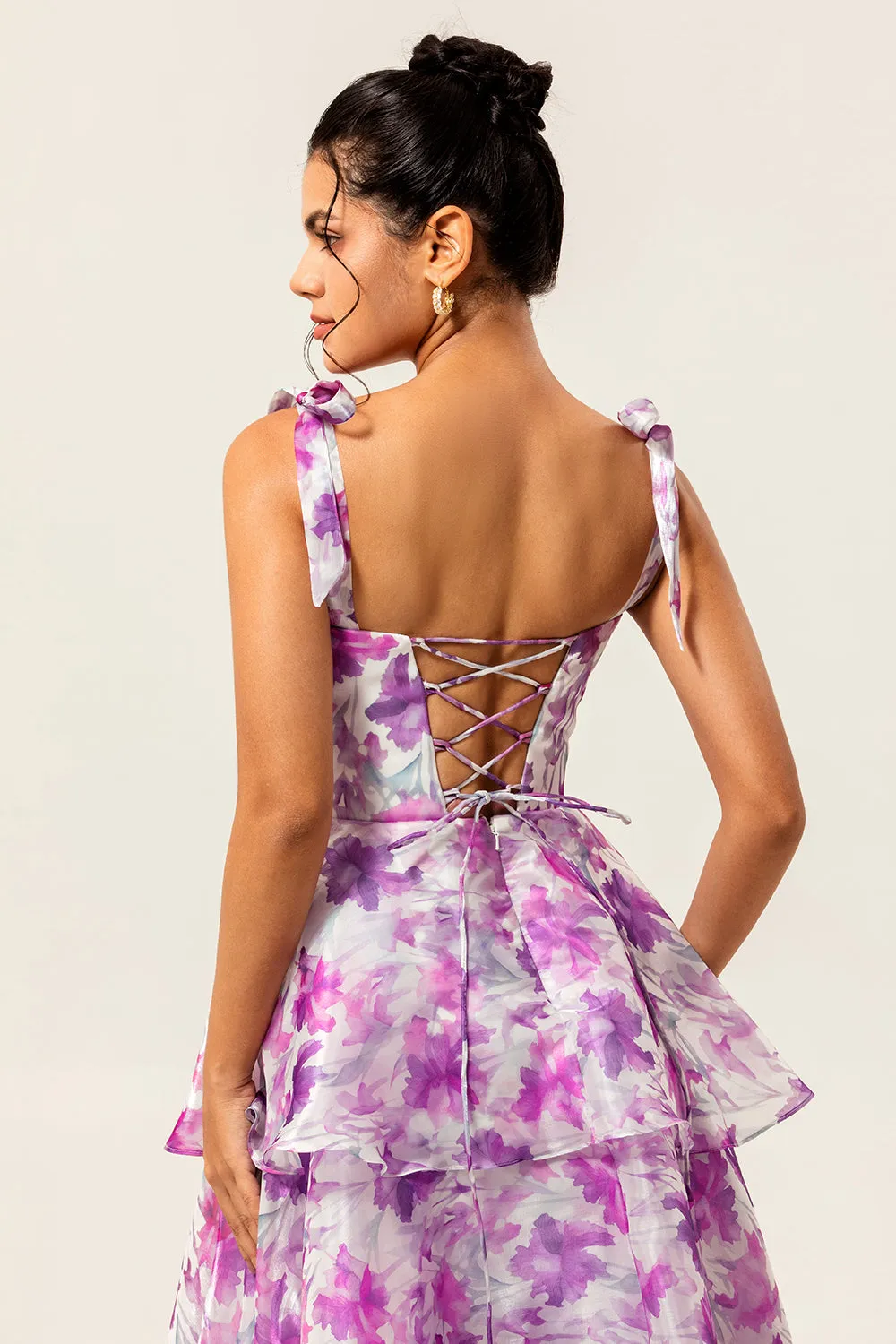 Purple Floral A Line Tiered Wedding Guest Dress with Straps Bows sold by Zapaka product image thumbnail 5