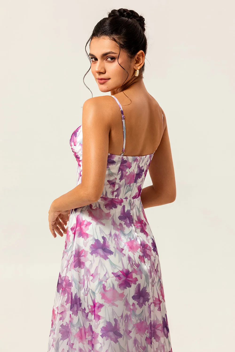 Purple Floral Printed Spaghetti Straps A Line Wedding Guest Dress sold by Zapaka product image thumbnail 5