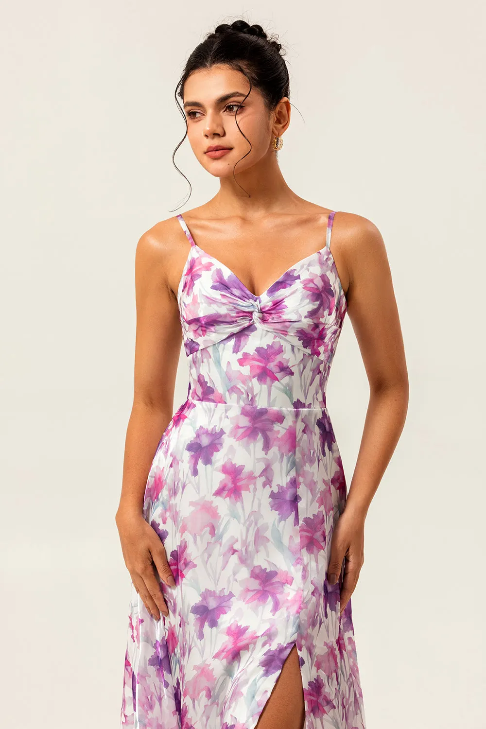Purple Floral Printed Spaghetti Straps A Line Wedding Guest Dress sold by Zapaka product image thumbnail 4