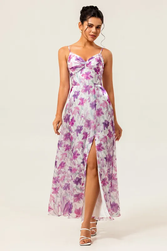 Purple Floral Printed Spaghetti Straps A Line Wedding Guest Dress sold by Zapaka