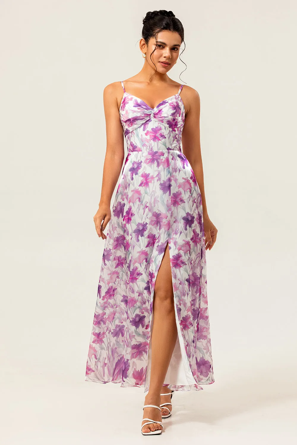 Purple Floral Printed Spaghetti Straps A Line Wedding Guest Dress sold by Zapaka