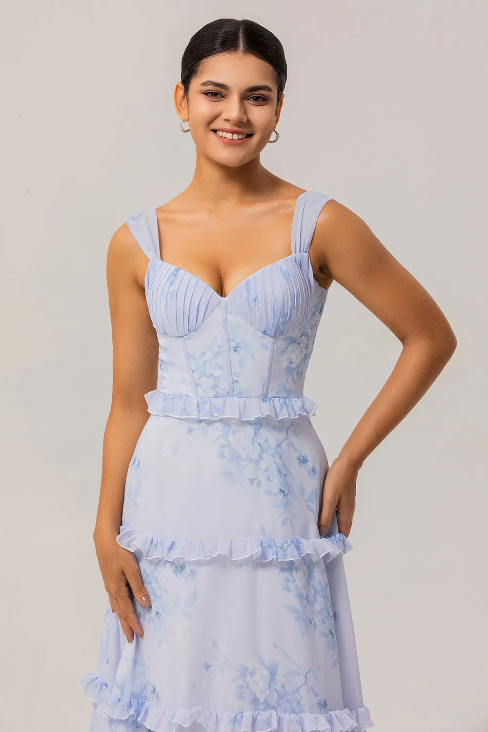 Blue Floral Ruffled A Line Corset Long Wedding Guest Dress sold by Zapaka product image thumbnail 4
