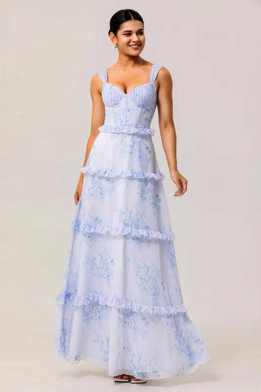 Blue Floral Ruffled A Line Corset Long Wedding Guest Dress sold by Zapaka